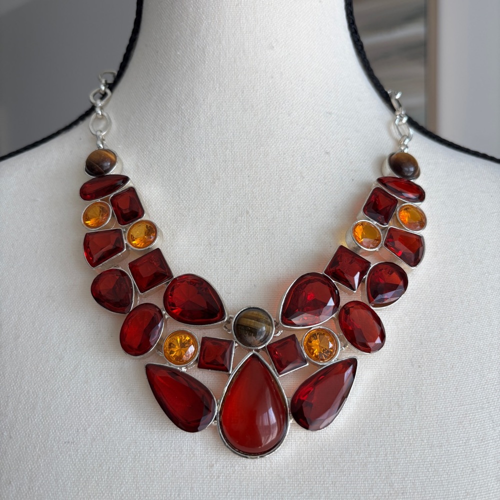 Red Statement Tiger eye and Stones Necklace